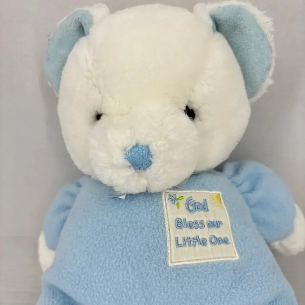 Russ Baby Bear Plush Rattle God Bless Our Little One Blue White Teddy 14 Inch